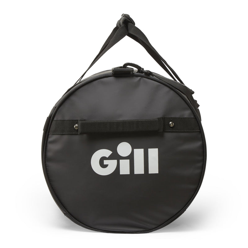 End view of 60L barrel bag black with white Gill logo