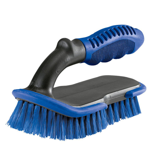 Blue and black scrub brush with handle and bumper
