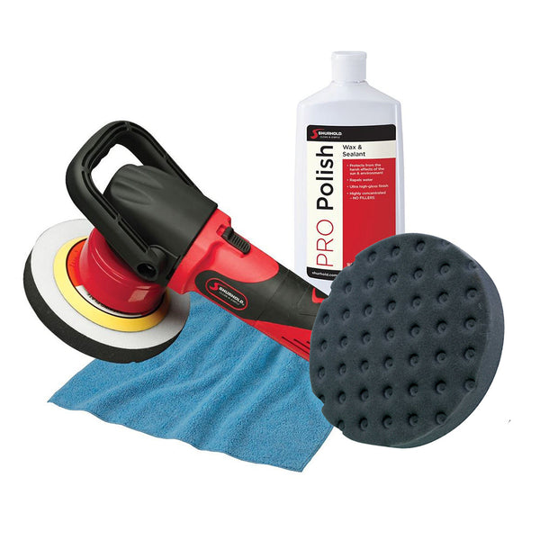 Shurhold Dual Action Polisher Starter Kit showing polisher, towel, polish and pads