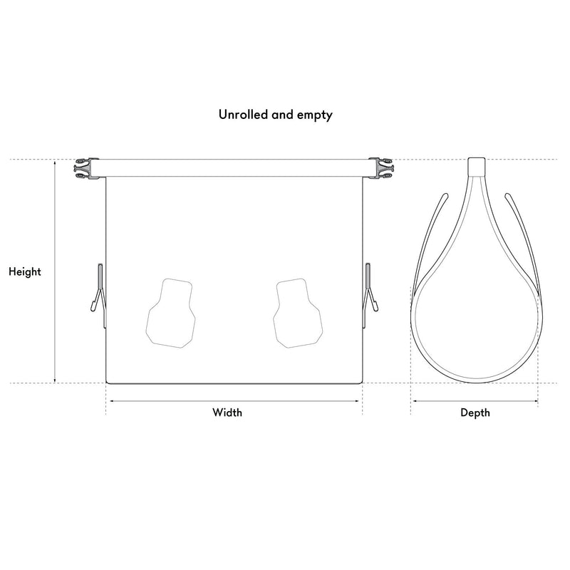 diagram of unrolled and empty duffel bag - dimensions H 18", W 19",  D 12"