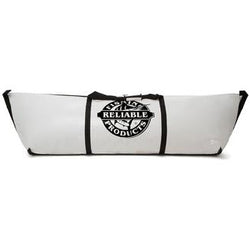 Long white bag with black trimming and company logo.