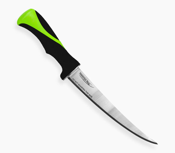 9-inch curved fillet knife with green and black grip