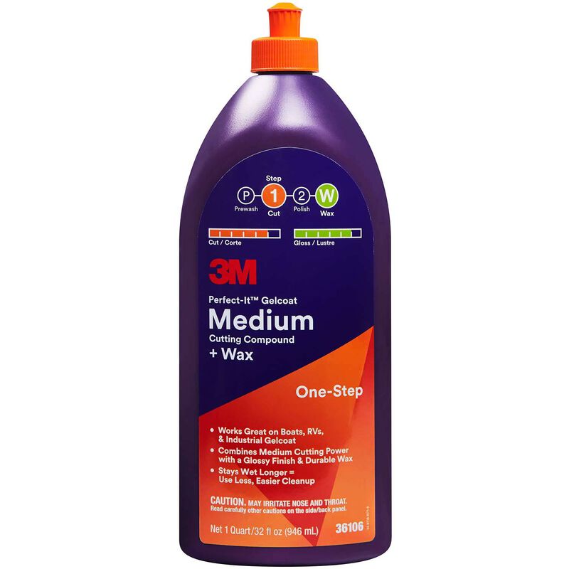 1 quart of 3M Perfect-It Gelcoat Medium Gutting Compound + Wax in purple and orange bottle