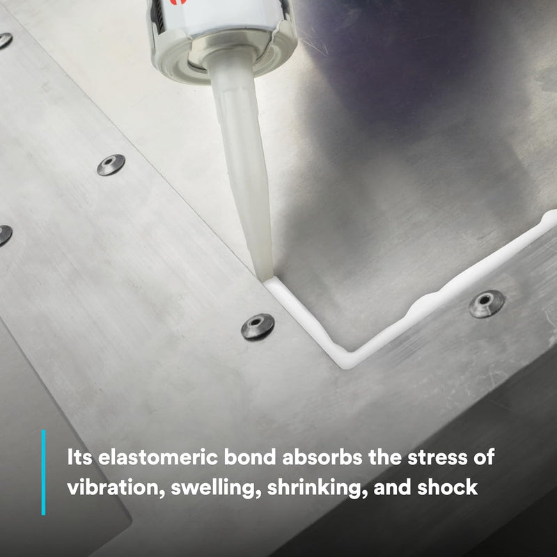 Elastomeric bond being applied to a metal surface with text describing its properties.