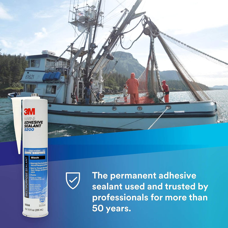 3M adhesive sealant tube with a fishing boat in the background