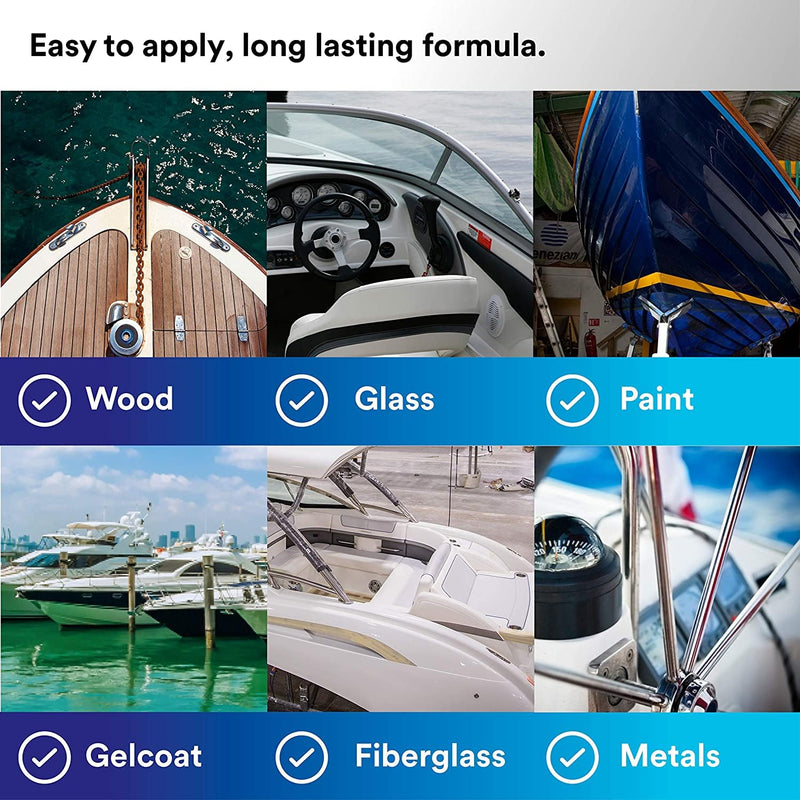 Collage of boat parts and surfaces with text about easy-to-apply, long-lasting formula for various materials.