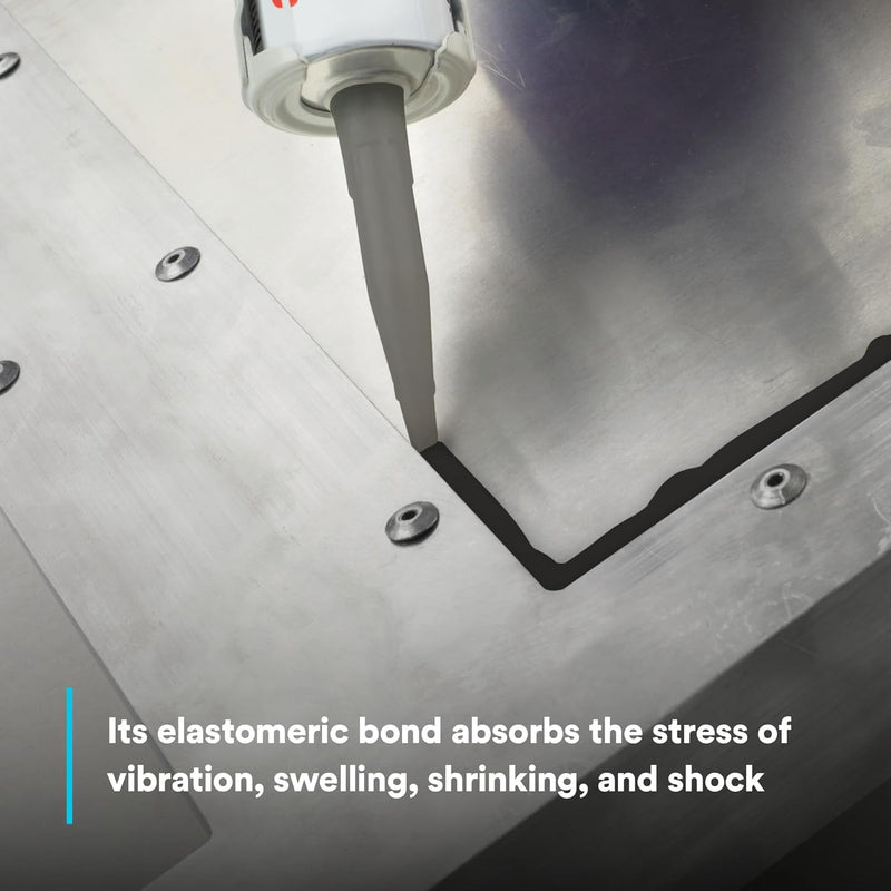 Elastomeric bond being applied to a metal surface with text describing its properties.