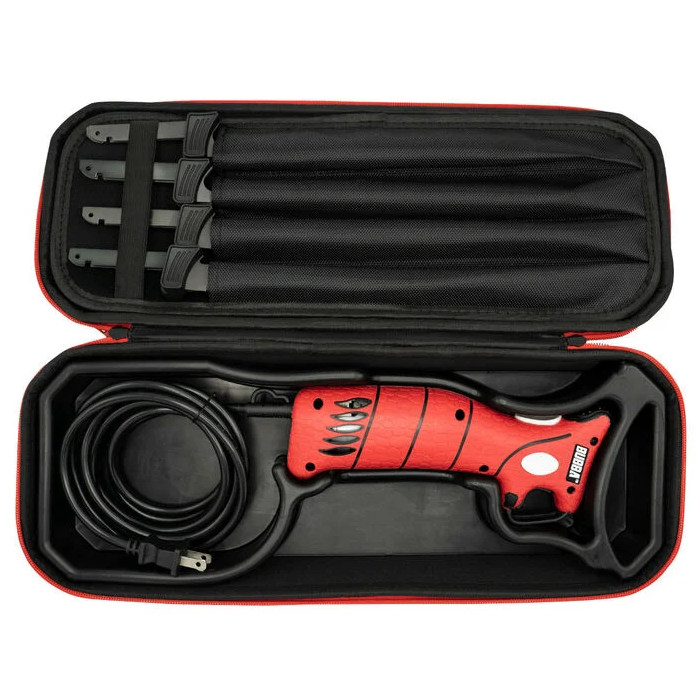 Blade handle and optional blades in open case.