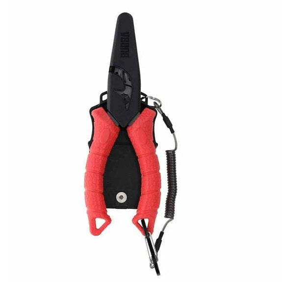 Pair of red-handled pliers with black sheath and tether on a white background