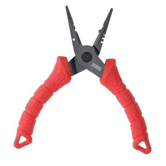 Pliers opened with red handles on a white background