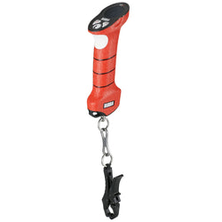 Orange and black fishing weight with a clip on a white background