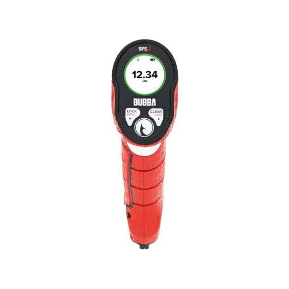 Orange-red handheld smart fish scale with digital display on a white background
