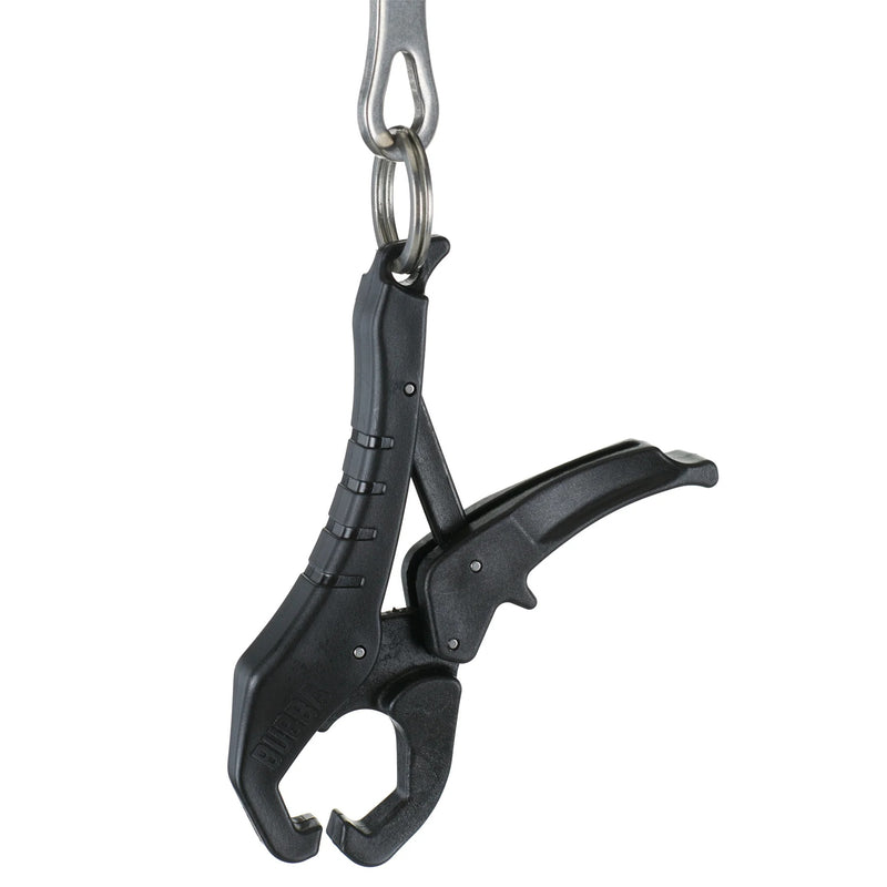 Black clamp with carabiner on a white background