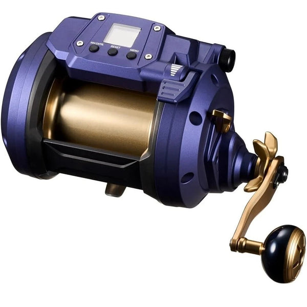 Blue and gold fishing reel with display on a white background