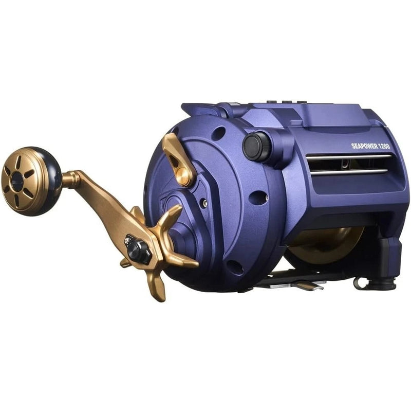 Back view of Blue and gold fishing reel on a white background
