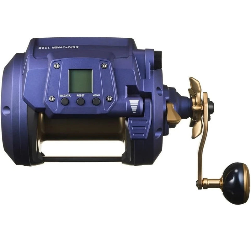 top view showing display screen and buttons of blue and gold electric reel