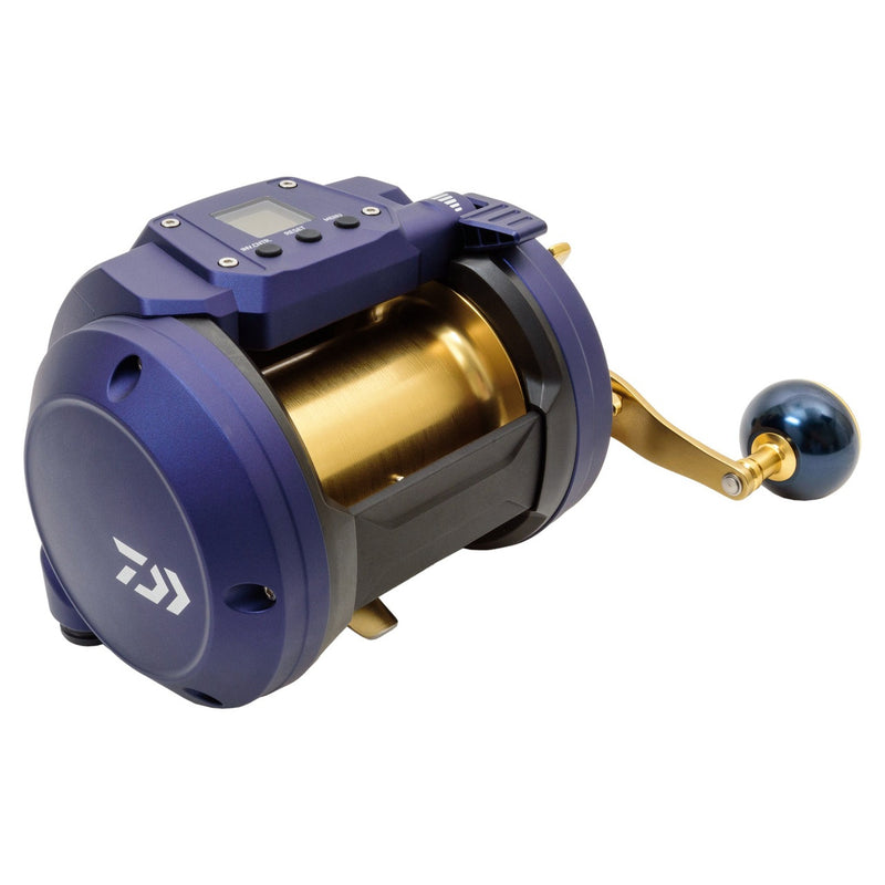 Fishing reel with blue and gold design on a white background