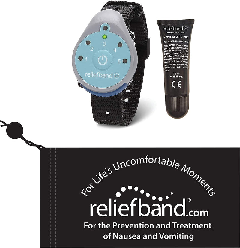 reliefband shown with tube of gel and carrying case