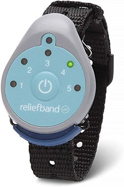 Reliefband Classic model black band with gray and blue face with numbers 1 through 5 with number 4 lit up green