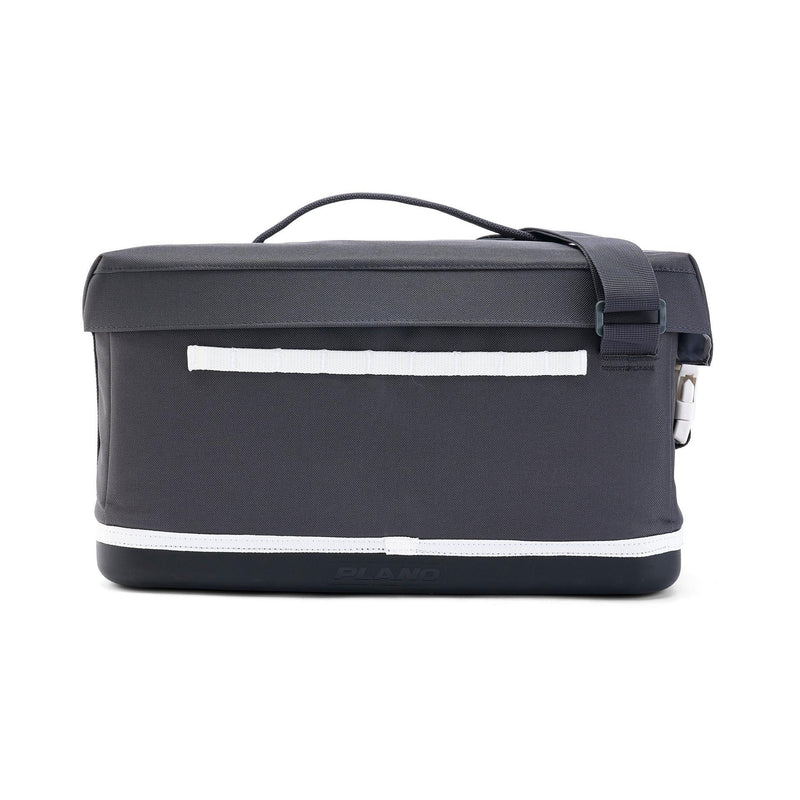 Back side of dark gray bag with white accents on a white background