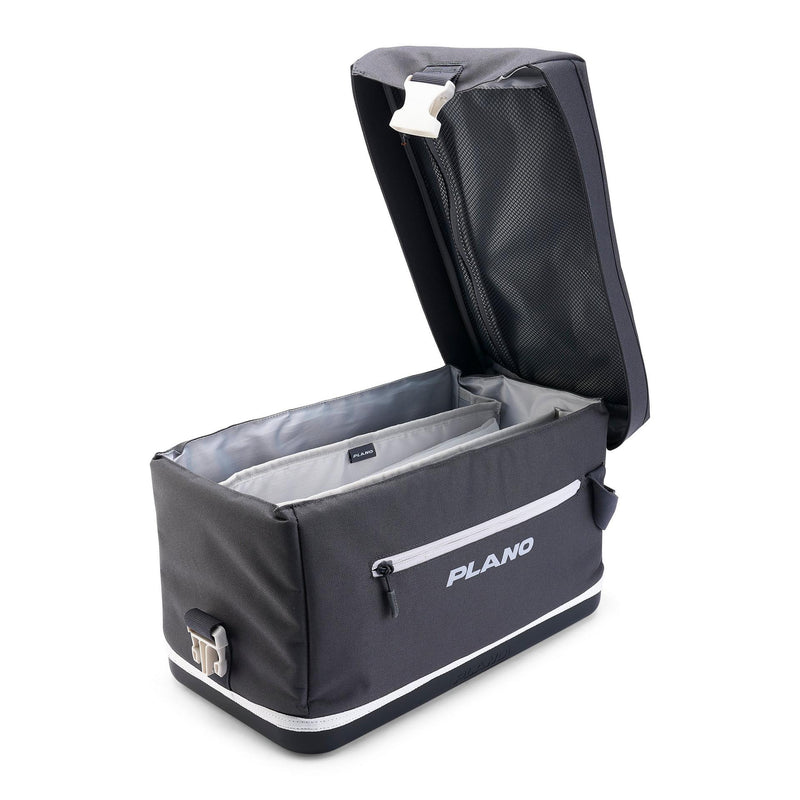 Gray fishing tackle box with open lid on a white background, featuring the Plano brand.