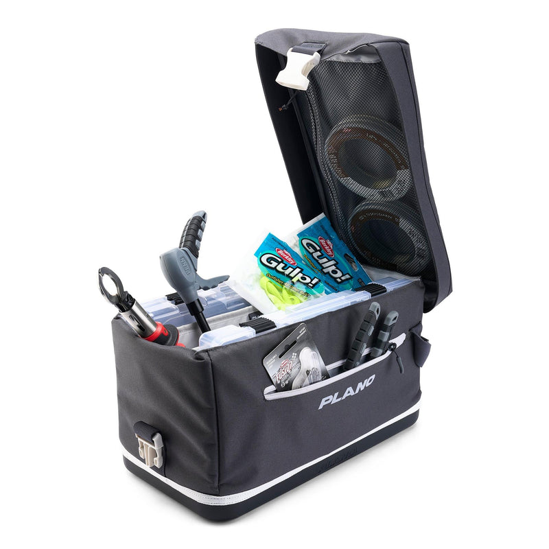 Fishing tackle box with various tools and a visible brand logo on a white background