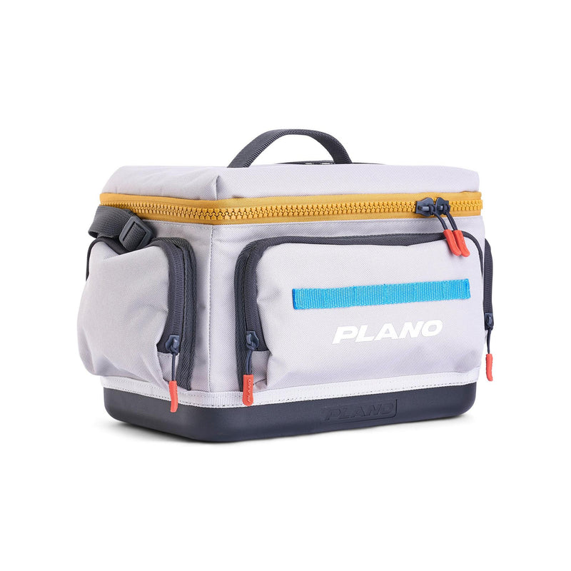 Gray tackle bag with orange, blue, and black accents on a white background