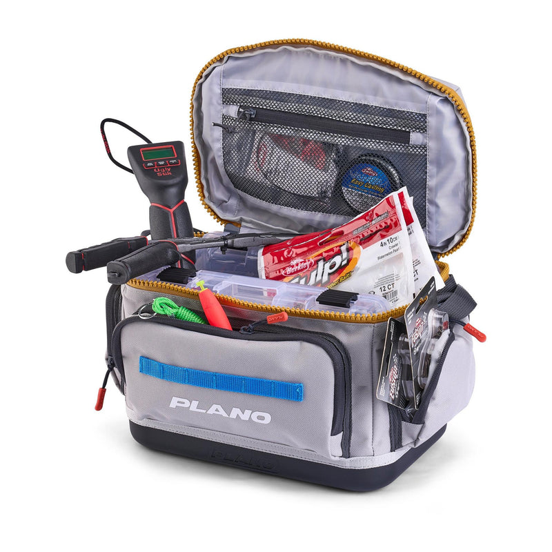 open gray tackle bag full of tools and tackle