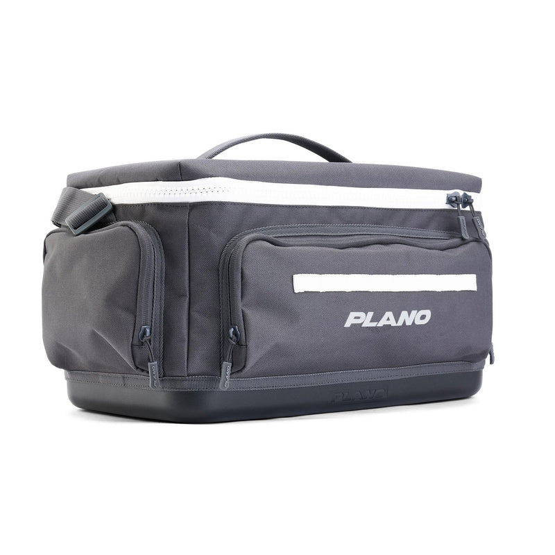 Slate gray tackle bag with white accents Plano logo on front pocket