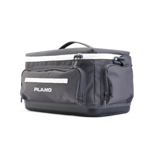Gray fishing bag with 'Plano' branding on a white background