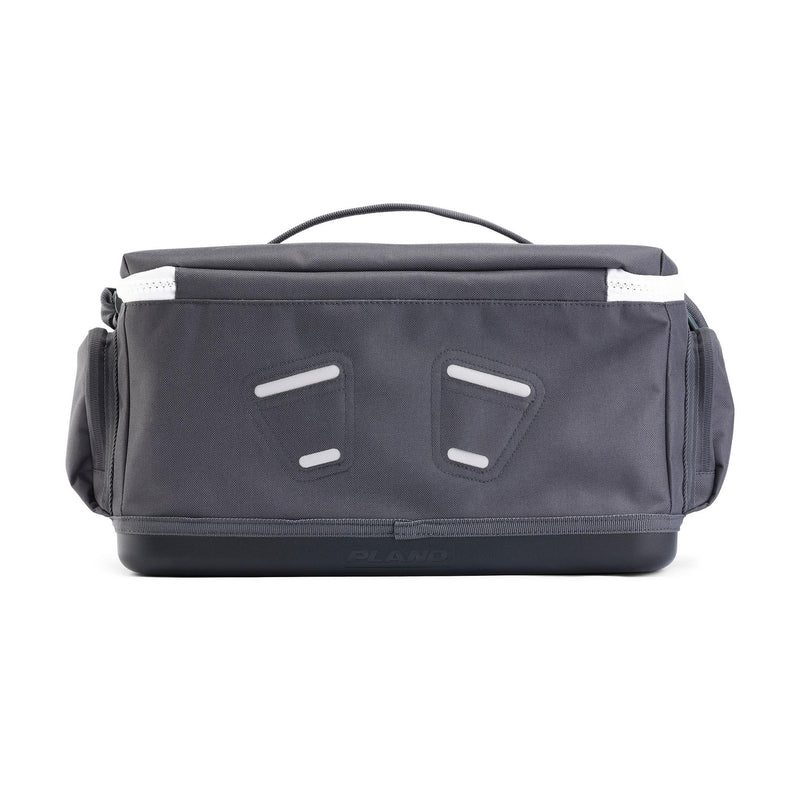 back view of slate gray bag with white accents on a white background