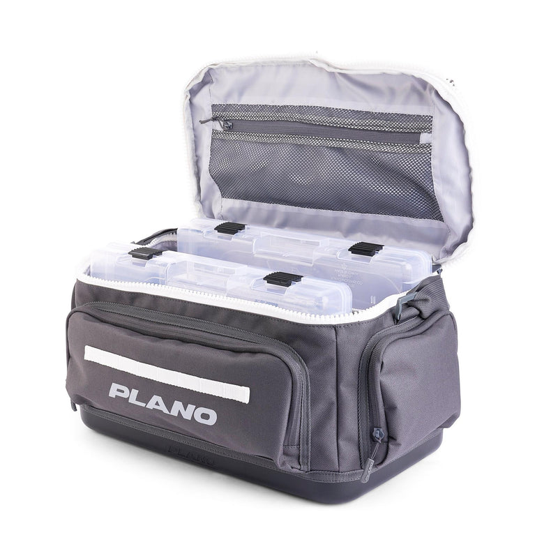 Gray fishing tackle bag with open lid showing compartments on a white background, featuring the Plano brand.