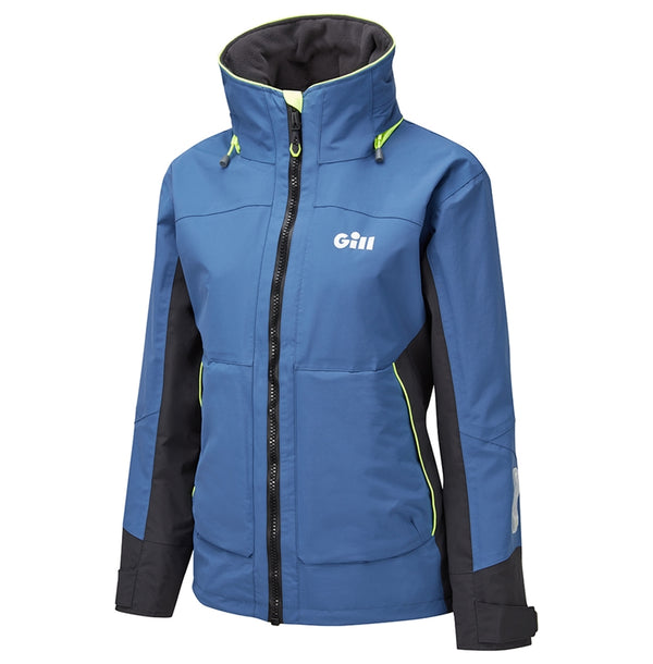 angled view of Women's coastal jacket in ocean blue front view