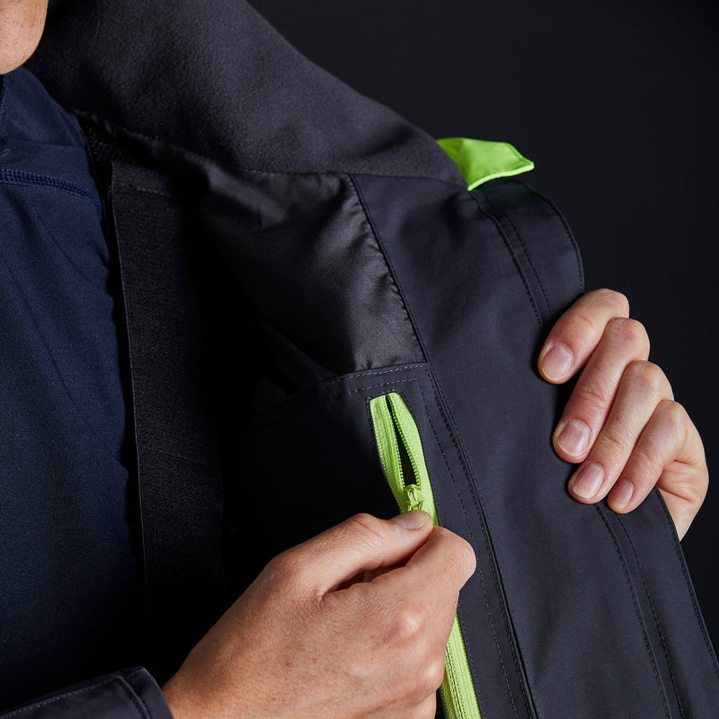 close up of zipped pocket inside jacket