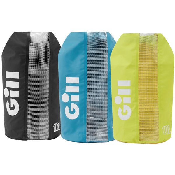 Group of GILL 10L Voyager Dry Bags in black, blue, and sulphur (yellow) 