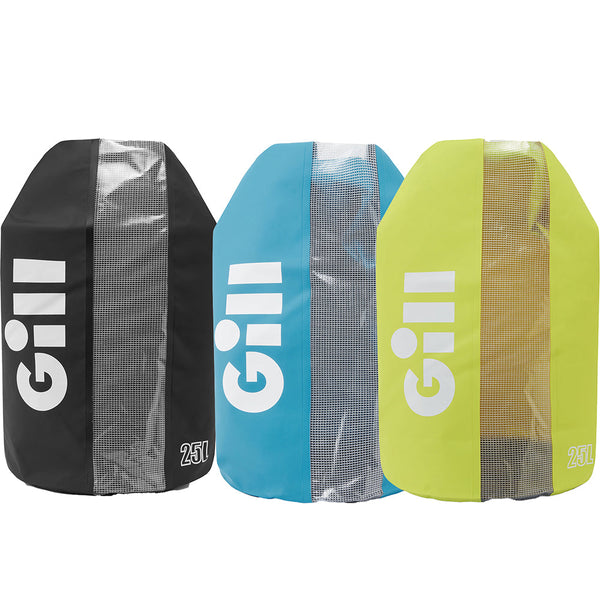 Group of GILL 25L Voyager Dry Bags in black, blue, and sulphur (yellow)
