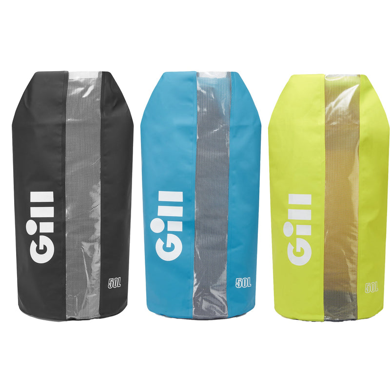 Group shot of Gill 50L Voyager Dry bags in black, blue, and sulphur (yellow)