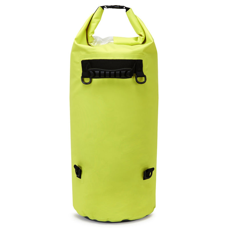 back view of 50L Gill Voyager Drybag in sulphur yellow showing clips for straps