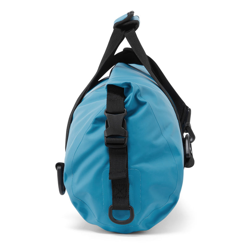 End side view of blue 10L duffel