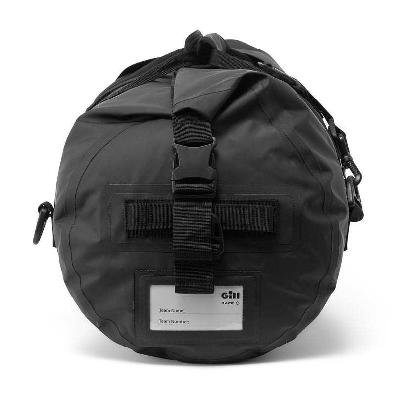 side end view of 30L black duffel showing waterproof ID tag area
