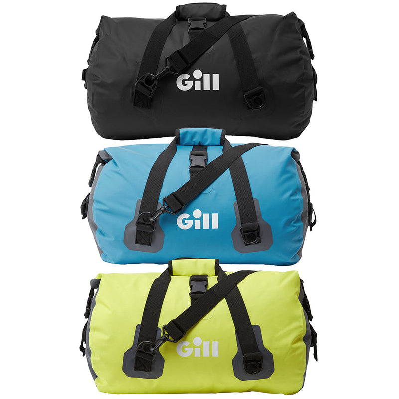 Group of GILL 30L Voyager Duffels in black, blue and sulphur (yellow)
