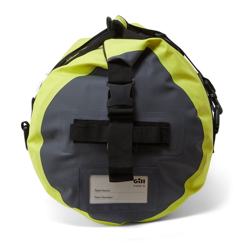 Side end view of 30L duffel Yellow and gray with ID tag