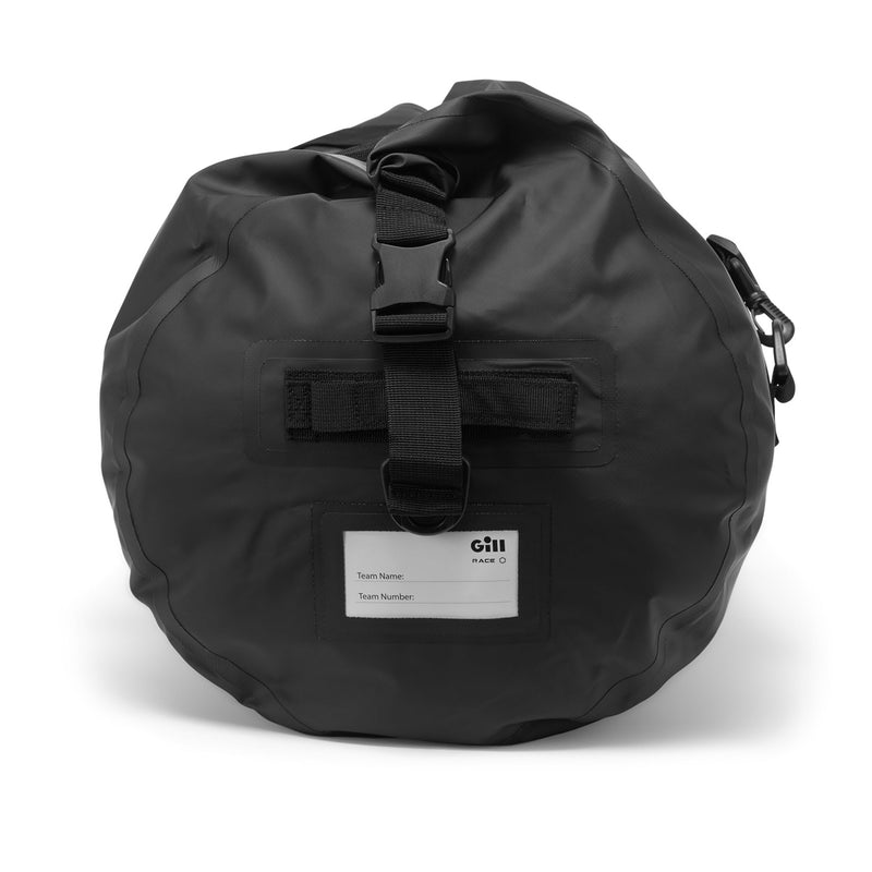 End view of Gill 60L Duffel - black showing id tag
