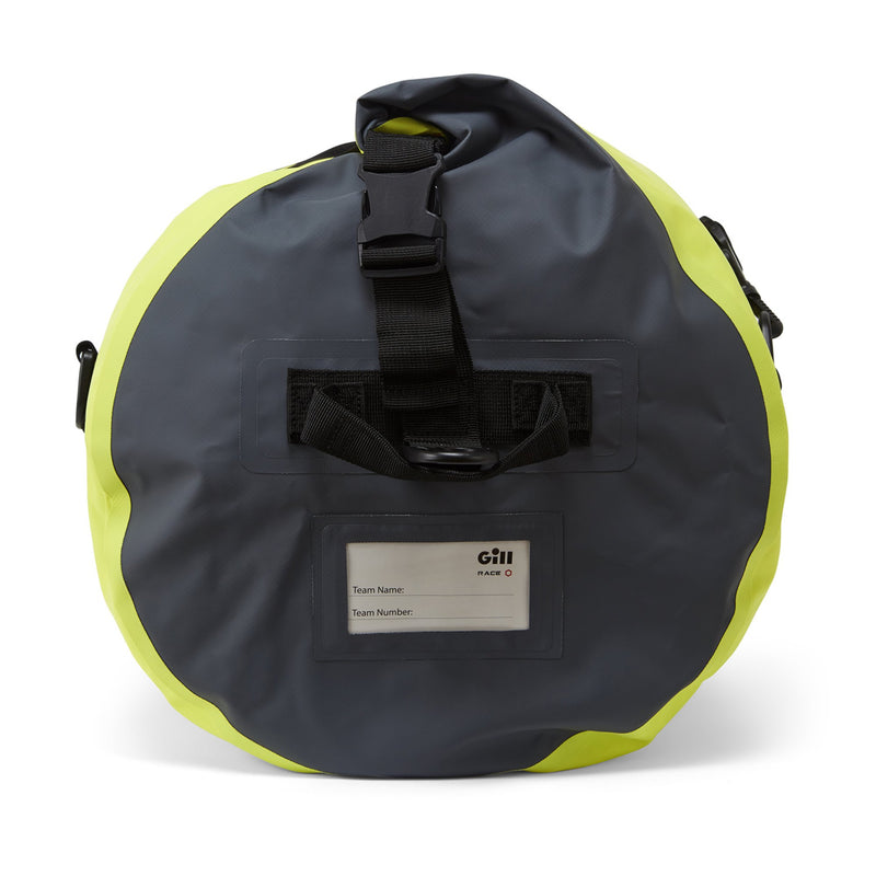 side view of 60L duffel showing ID tag and side release fastening
