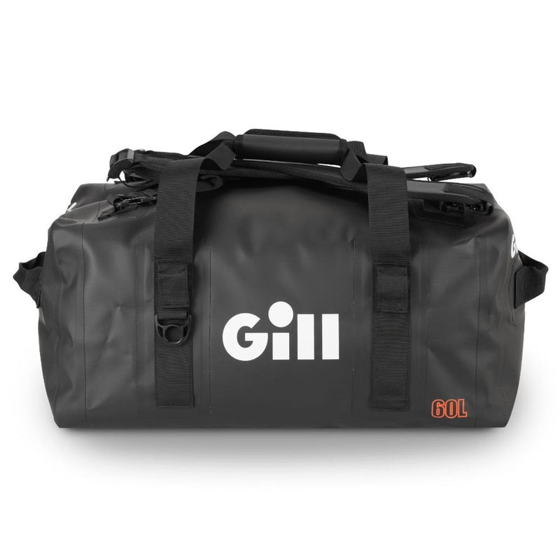 Gill 60L Black Performance Duffel showing white Gill logo and black straps