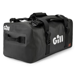 Angled view of Gill 60L Black Performance Duffel showing straps and handles