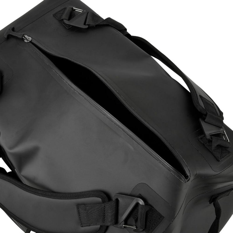 Top view of Gill 60L Black Performance Duffel with top zipper open