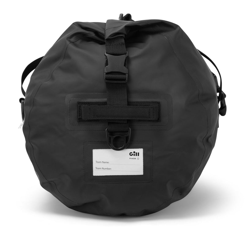 side view of duffel bag showing ID tag and side release fastenings