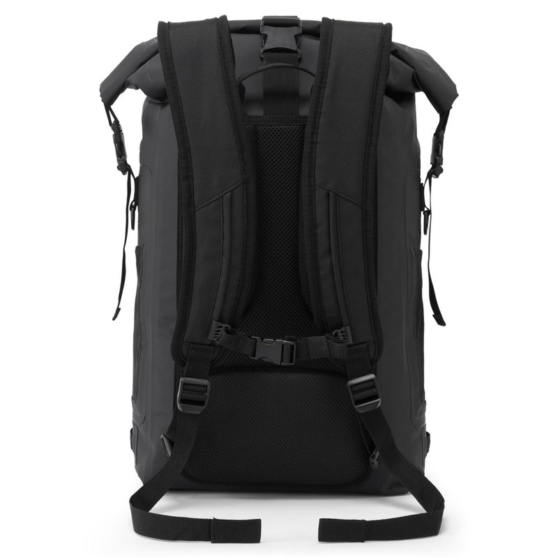 Back view of black backpack