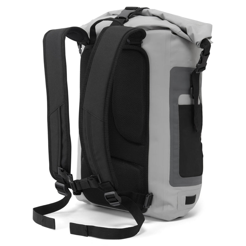 back angled view of grey backpack showing back straps and side pocket for water bottle